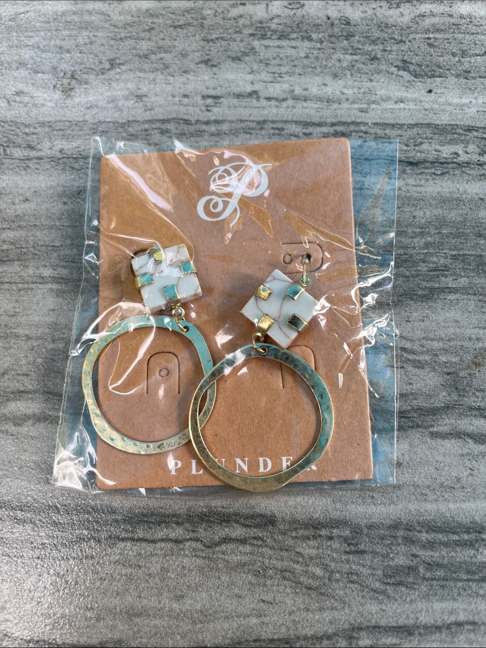 Plunder Gold-Tone Hoop Earrings and White Mosaic Squares